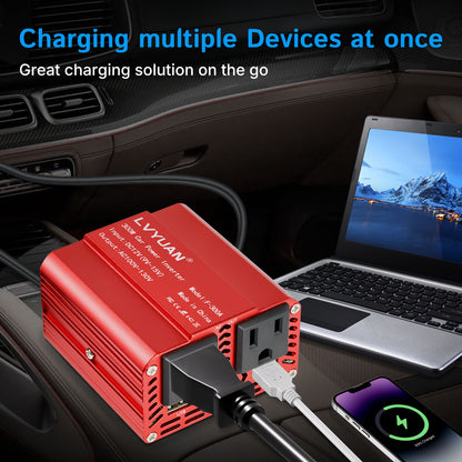 LVYUAN 300W Modified Sine Wave Power Inverter 12V DC to 110V AC Vehicles Converter 2 AC Outlets + 2USB Charger Car Plug Adapter for Laptop, Computer, Car, RV, Camping & Home Red
