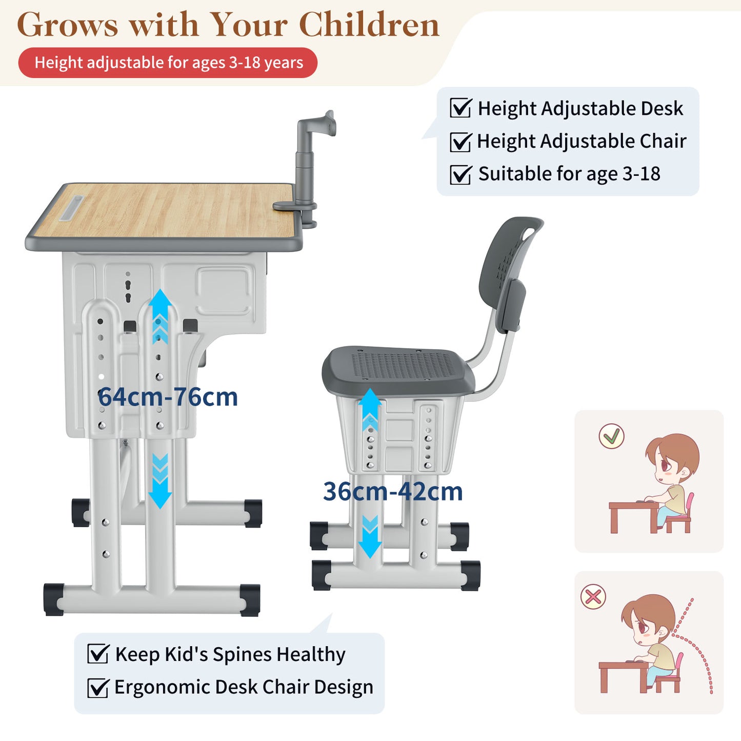 Kids Study Desk and Chair Set, LVYUAN Height Adjustable Children School Study Drawing Desk, Ergonomic Kids Table Desk and Chair Set with Storage Drawer, Hook, Bracket, Pen Slot for Ages 3-18 Gray