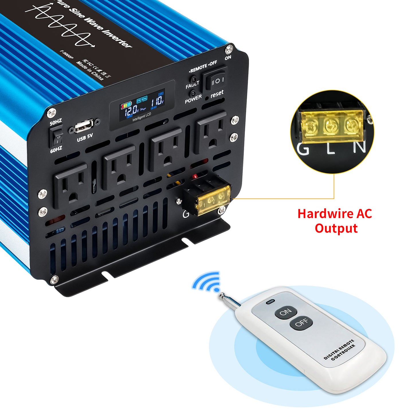 LVYUAN 5000W 10000W Peak Pure Sine Wave Power Inverter 12V DC to 110V AC Converter, 60Hz/50Hz, 4 AC Outlets + USB, LCD Display, Remote Control for Car, RV, Camping & Home Backup Blue