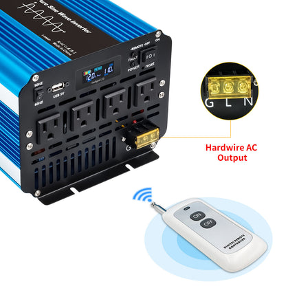 LVYUAN 5000W 10000W Peak Pure Sine Wave Power Inverter 12V DC to 110V AC Converter, 60Hz/50Hz, 4 AC Outlets + USB, LCD Display, Remote Control for Car, RV, Camping & Home Backup Blue