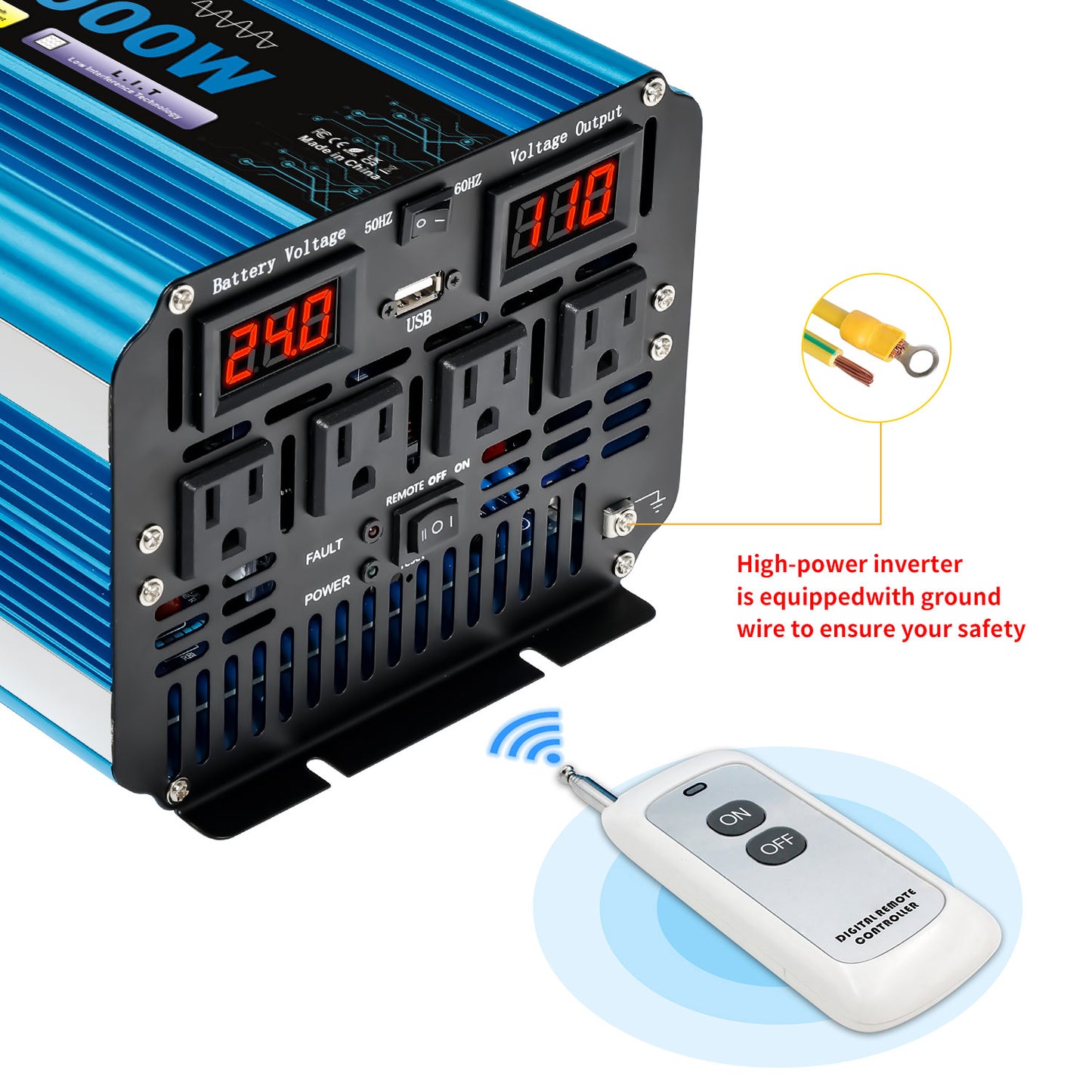 LVYUAN 2500W 5000W Peak Pure Sine Wave Power Inverter 24V DC to 110V AC Converter, 60Hz/50Hz, 4 AC Outlets + USB, LED Display, Remote Control for Car, RV, Camping & Home Backup