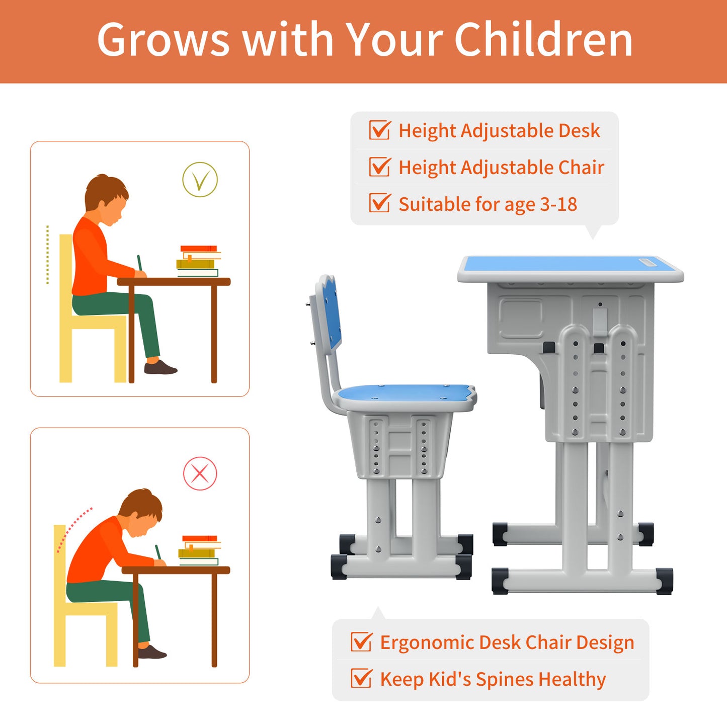 Kids Study Desk and Chair Set, LVYUAN Children School Study Drawing Desk Chair Height Adjustable Kids Table Desk and Chair Set with Storage Drawer, Hook Blue