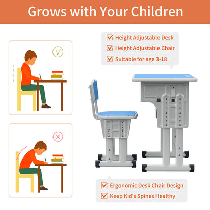 Kids Study Desk and Chair Set, LVYUAN Children School Study Drawing Desk Chair Height Adjustable Kids Table Desk and Chair Set with Storage Drawer, Hook Blue