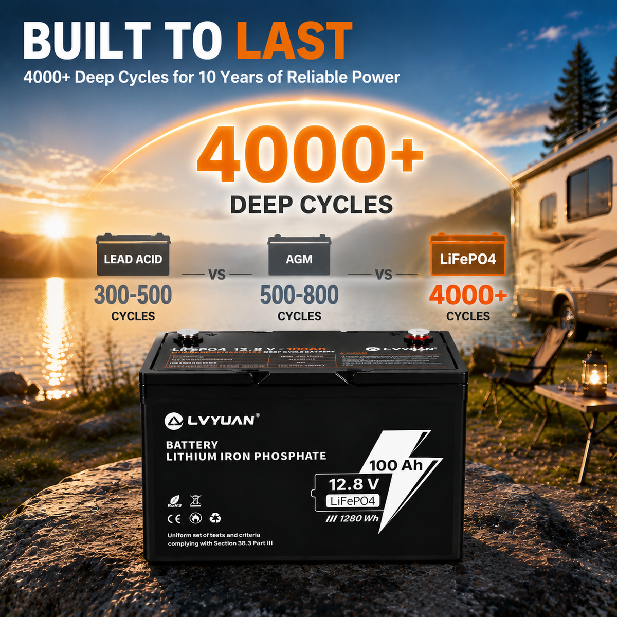 Lvyuan 12V 100Ah LiFePO4 Lithium Battery 1280Wh Deep Cycle Rechargeable Battery with Intelligent BMS