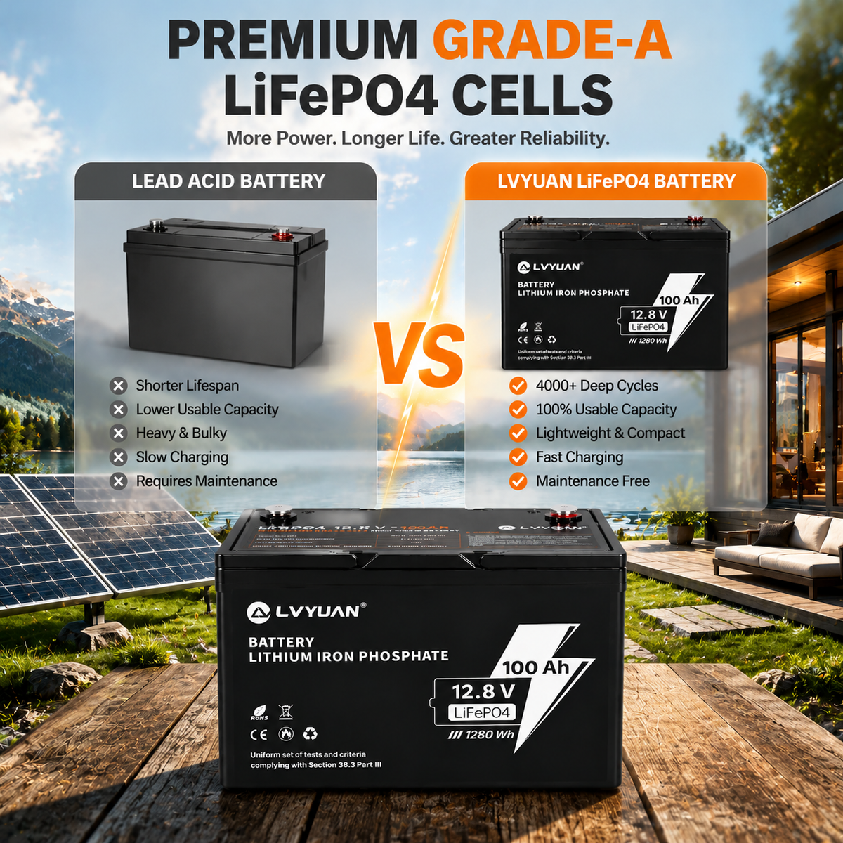 Lvyuan 12V 100Ah LiFePO4 Lithium Battery 1280Wh Deep Cycle Rechargeable Battery with Intelligent BMS