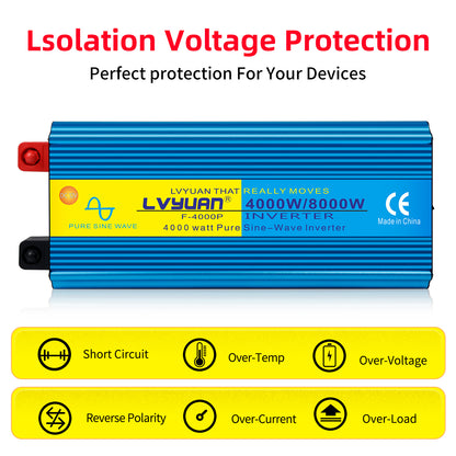 LVYUAN 4000W 8000W Peak Pure Sine Wave Power Inverter 12V DC to 110V AC Converter, 60Hz/50Hz, 4 AC Outlets + USB, LED Display, Remote Control for Car, RV, Camping & Home Backup