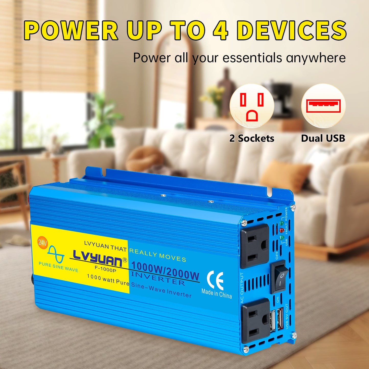 LVYUAN 1000W 2000W Peak Power Inverter DC 24V to AC 110V Pure Sine Wave Car Battery Inverter 2 AC Outlets & 2 USB Charger Adapter for Car, RV, Truck, Camping, Home Backup, Emergency Power