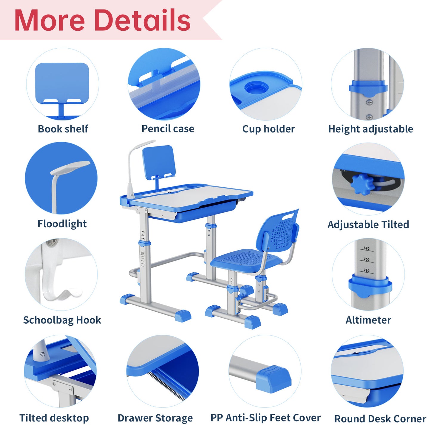 LVYUAN Kids Study Desk and Chair Set Height Adjustable Children School Study Drawing Desk Chair with LED Lamp, Tilt Desktop, Storage Drawer, Book Stand Blue