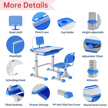 LVYUAN Kids Study Desk and Chair Set Height Adjustable Children School Study Drawing Desk Chair with LED Lamp, Tilt Desktop, Storage Drawer, Book Stand Blue