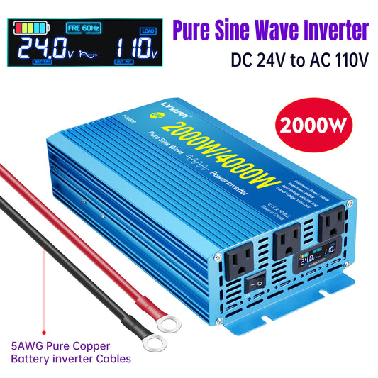 LVYUAN 2000W 4000W Peak Power Inverter DC 24V to AC 110V Pure Sine Wave Car Battery Inverter 3 AC Outlets Charger Adapter LCD Display for Car, RV, Truck, Camping, Home Backup, Emergency Power