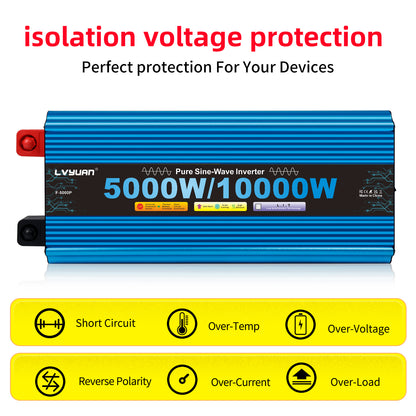 LVYUAN 5000W 10000W Peak Pure Sine Wave Power Inverter 12V DC to 110V AC Converter, 60Hz/50Hz, 4 AC Outlets + USB, LED Display, Remote Control for Car, RV, Camping & Home Backup
