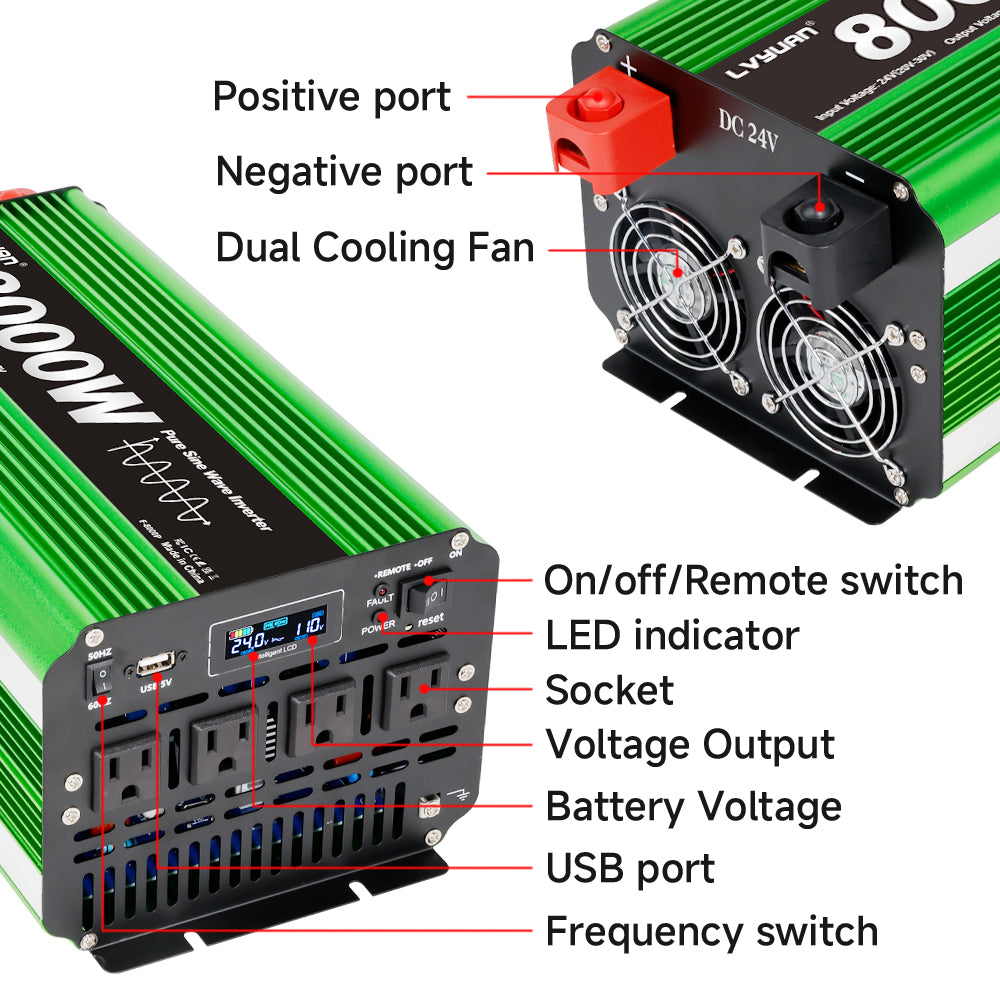LVYUAN 4000W 8000W Peak Pure Sine Wave Power Inverter 24V DC to 110V AC Converter, 60Hz/50Hz, 4 AC Outlets + USB, LCD Display, Remote Control for Car, RV, Camping & Home Backup Green