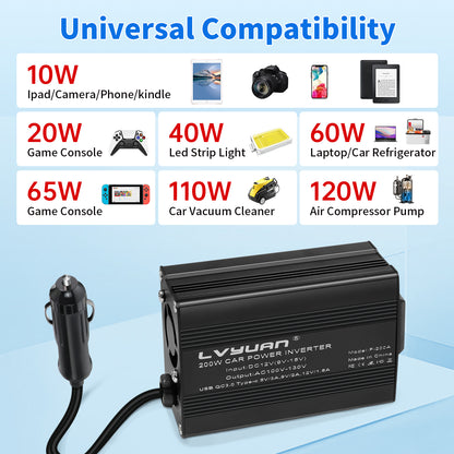 LVYUAN 200W Modified Sine Wave Car Power Inverter, DC 12V to AC 110V Converter with 20W PD USB-C & AC & 3.0 USB Adapter for Vehicles