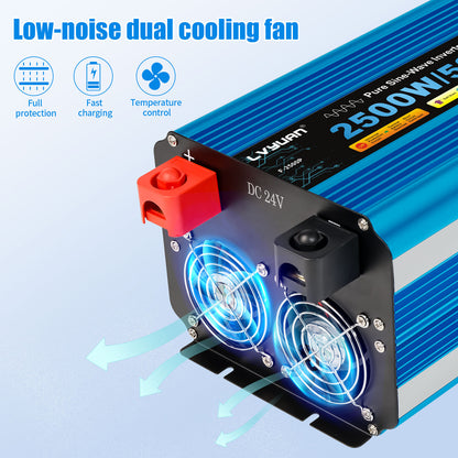 LVYUAN 2500W 5000W Peak Pure Sine Wave Power Inverter 24V DC to 110V AC Converter, 60Hz/50Hz, 4 AC Outlets + USB, LED Display, Remote Control for Car, RV, Camping & Home Backup