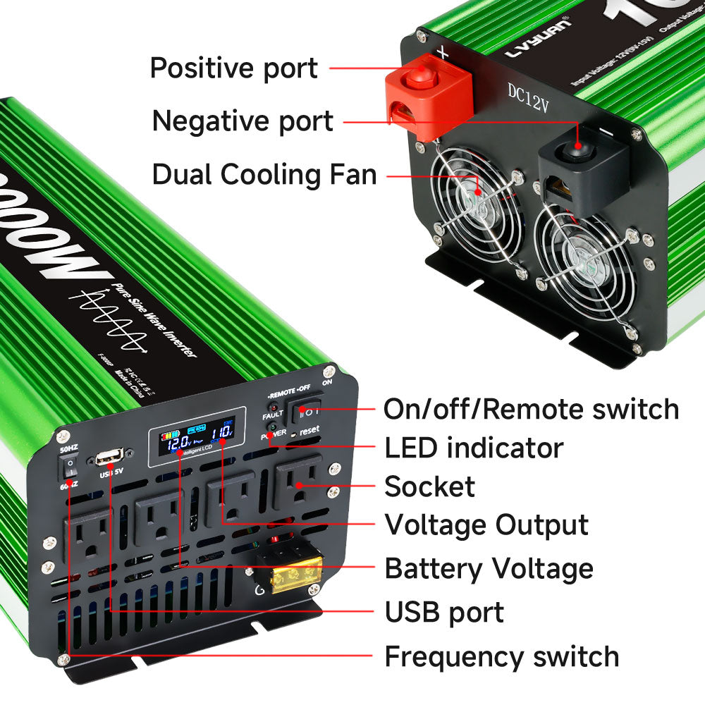 LVYUAN 5000W 10000W Peak Pure Sine Wave Power Inverter 12V DC to 110V AC Converter, 60Hz/50Hz, 4 AC Outlets + USB, LCD Display, Remote Control for Car, RV, Camping & Home Backup Green