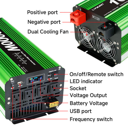 LVYUAN 5000W 10000W Peak Pure Sine Wave Power Inverter 12V DC to 110V AC Converter, 60Hz/50Hz, 4 AC Outlets + USB, LCD Display, Remote Control for Car, RV, Camping & Home Backup Green