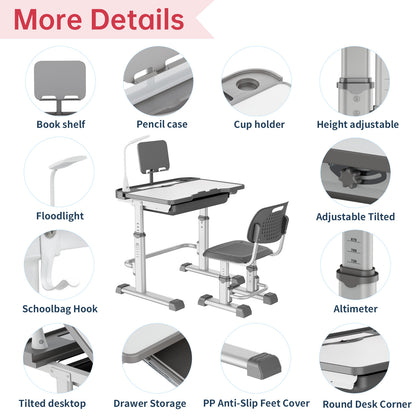 LVYUAN Kids Study Desk and Chair Set Height Adjustable Children School Study Drawing Desk Chair with LED Lamp, Tilt Desktop, Storage Drawer, Book Stand Grey