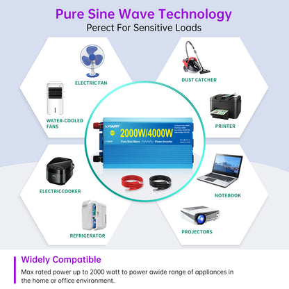 LVYUAN 2000W 4000W Peak Power Inverter DC 12V to AC 110V Pure Sine Wave Car Battery Inverter 3 AC Outlets Charger Adapter LCD Display for Car, RV, Truck, Camping, Home Backup, Emergency Power