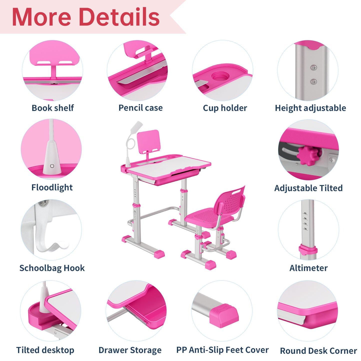 LVYUAN Kids Study Desk and Chair Set Height Adjustable Children School Study Drawing Desk Chair with LED Lamp, Tilt Desktop, Storage Drawer, Book Stand Pink