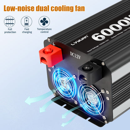 LVYUAN 3000W 6000W Peak Pure Sine Wave Power Inverter 12V DC to 110V AC Converter, 60Hz/50Hz, 4 AC Outlets + USB, LCD Display, Remote Control for Car, RV, Camping & Home Backup Black