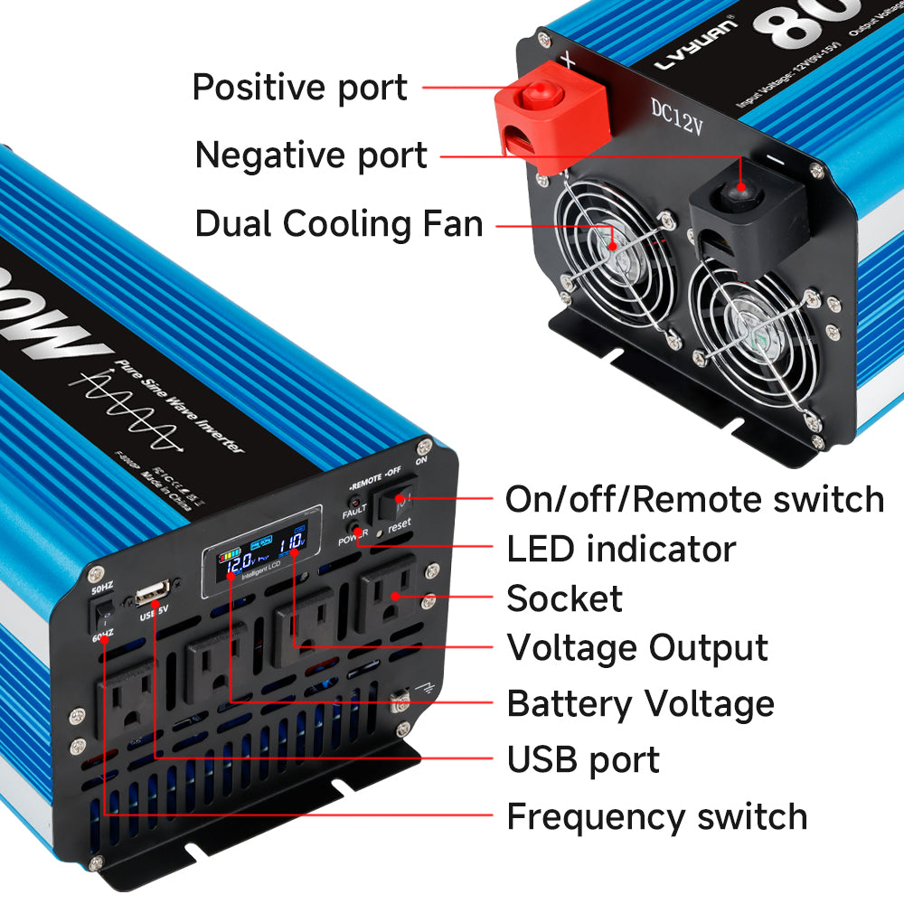 LVYUAN 4000W 8000W Peak Pure Sine Wave Power Inverter 12V DC to 110V AC Converter, 60Hz/50Hz, 4 AC Outlets + USB, LCD Display, Remote Control for Car, RV, Camping & Home Backup Blue