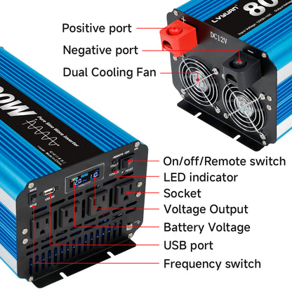 LVYUAN 4000W 8000W Peak Pure Sine Wave Power Inverter 12V DC to 110V AC Converter, 60Hz/50Hz, 4 AC Outlets + USB, LCD Display, Remote Control for Car, RV, Camping & Home Backup Blue