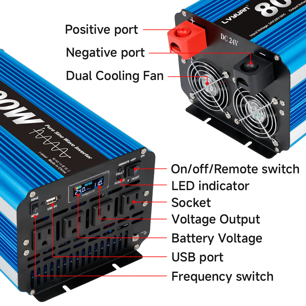 LVYUAN 4000W 8000W Peak Pure Sine Wave Power Inverter 24V DC to 110V AC Converter, 60Hz/50Hz, 4 AC Outlets + USB, LCD Display, Remote Control for Car, RV, Camping & Home Backup Blue