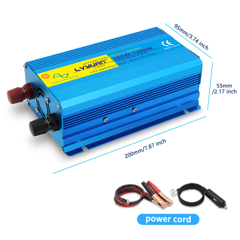 LVYUAN 500 Watts 1200 Watts  Pure Sine Wave Car Power Inverter 24V DC to 110V/120V AC Car Battery Converter Charger Adapter 2USB 2AC for Laptops, RVs, Trucks