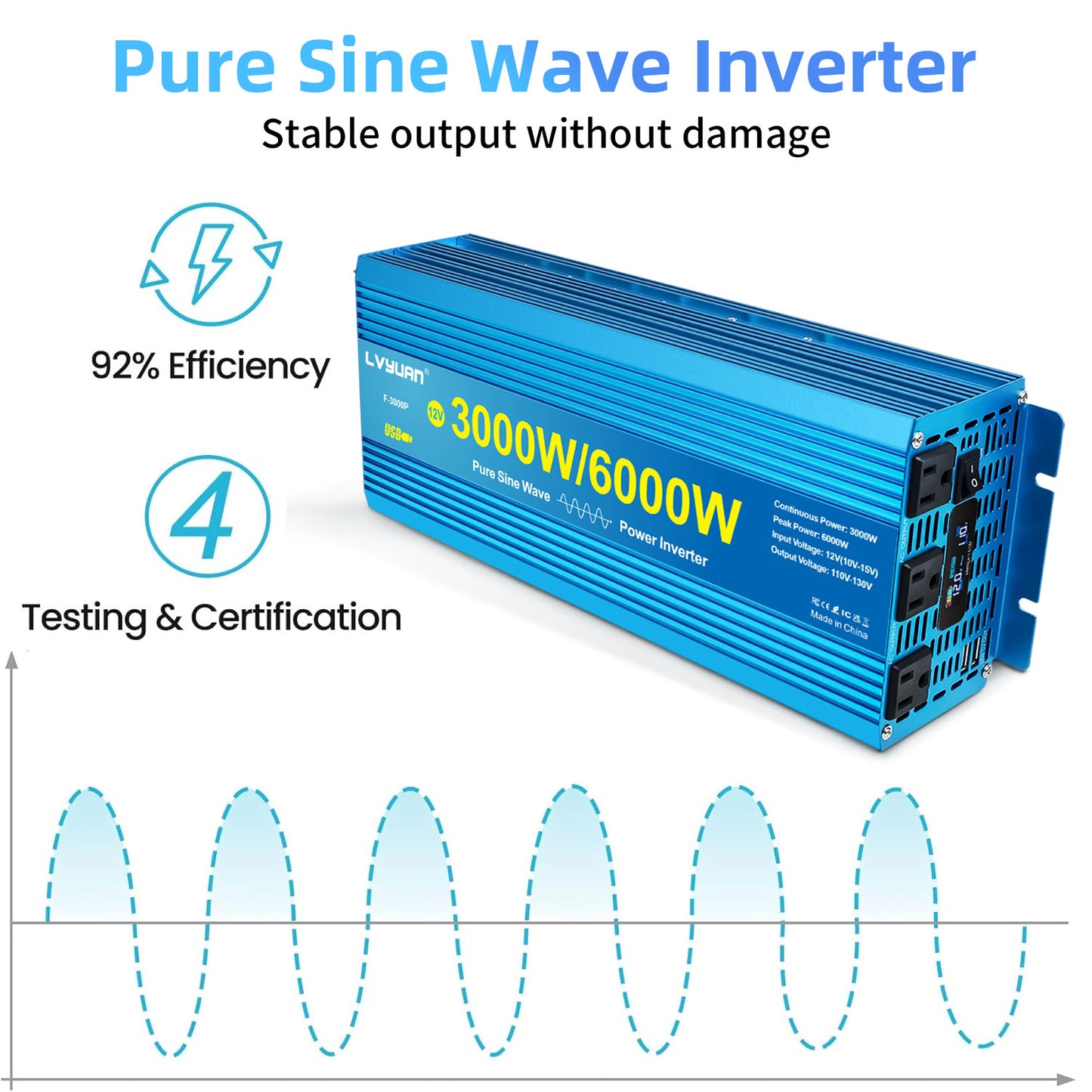 LVYUAN 3000W 6000W Peak Power Inverter DC 12V to AC 110V Pure Sine Wave Car Battery Inverter 3 AC Outlets & 2 USB Charger Adapter LCD Display for Car, RV, Truck, Camping, Home Backup, Emergency Power