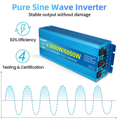 LVYUAN 3000W 6000W Peak Power Inverter DC 24V to AC 110V Pure Sine Wave Car Battery Inverter 3 AC Outlets & 2 USB Charger Adapter LCD Display for Car, RV, Truck, Camping, Home Backup, Emergency Power
