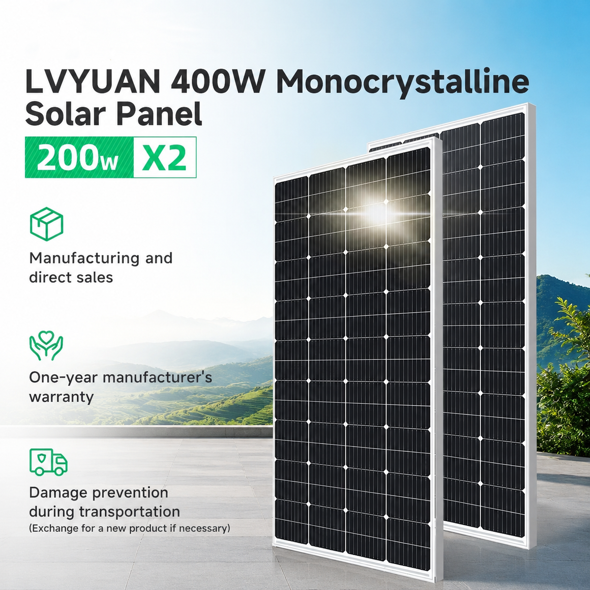 LVYUAN 200W Portable Monocrystalline Solar Panel 2PCS