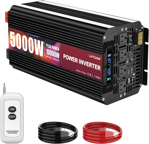 LVYUAN 5000W Power Inverter 12V to 110V/120V with 4 AC Outlets, LCD Display & Remote - for RV, Truck, Solar Systems & Off-Grid Use