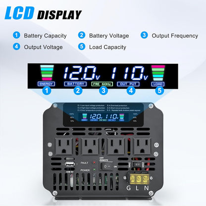 LVYUAN 5000W Power Inverter 12V to 110V/120V with 4 AC Outlets, LCD Display & Remote - for RV, Truck, Solar Systems & Off-Grid Use