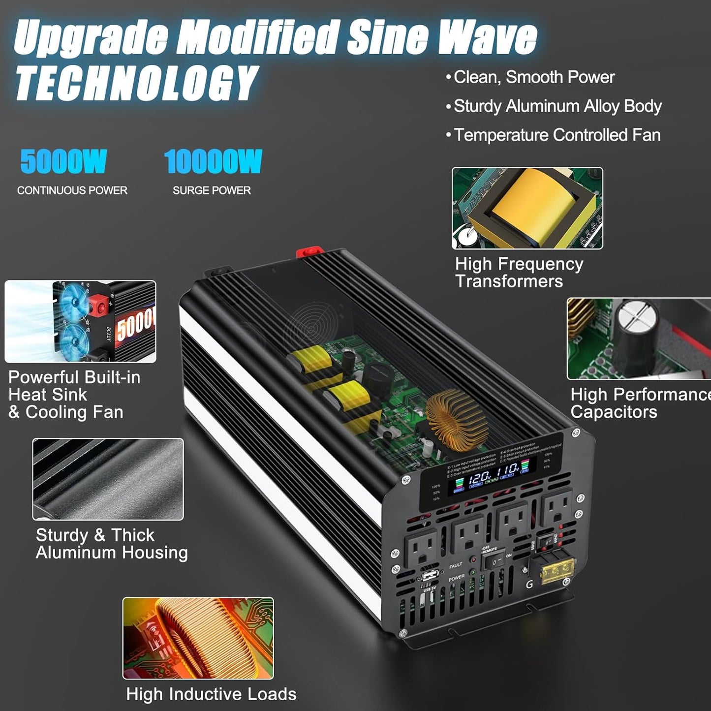 LVYUAN 5000W Power Inverter 12V to 110V/120V with 4 AC Outlets, LCD Display & Remote - for RV, Truck, Solar Systems & Off-Grid Use
