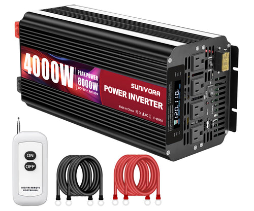 Sunivora 4000 Watt Wechselrichter 12 V auf 110 V mit 4 AC-Steckdosen, LCD-Display, kabelloser Fernbedienung, USB-Ladegerät, Auto-Wechselrichter für Auto, Wohnmobil, LKW, netzunabhängiges Solarsystem, Camping 