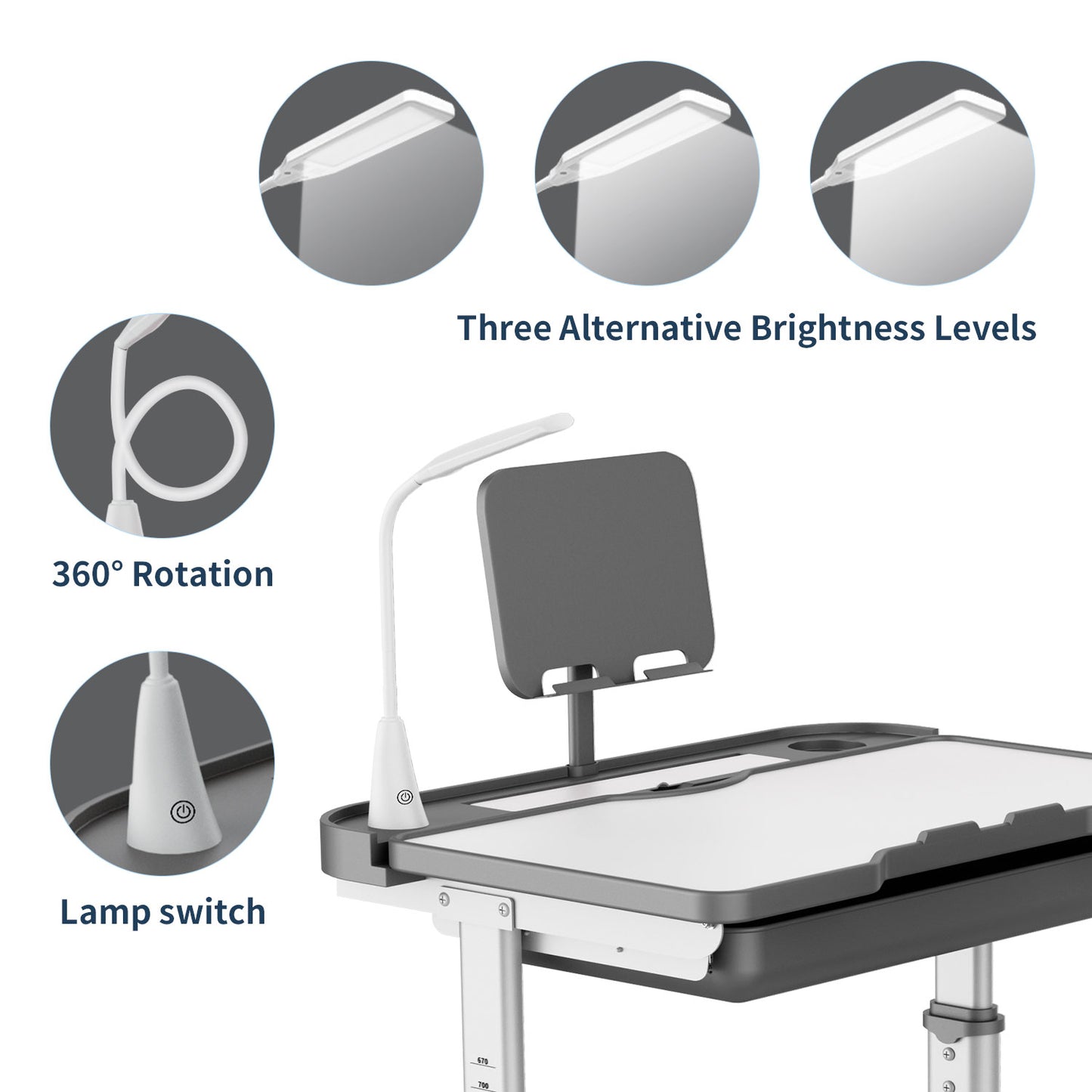LVYUAN Kids Study Desk and Chair Set Height Adjustable Children School Study Drawing Desk Chair with LED Lamp, Tilt Desktop, Storage Drawer, Book Stand Grey
