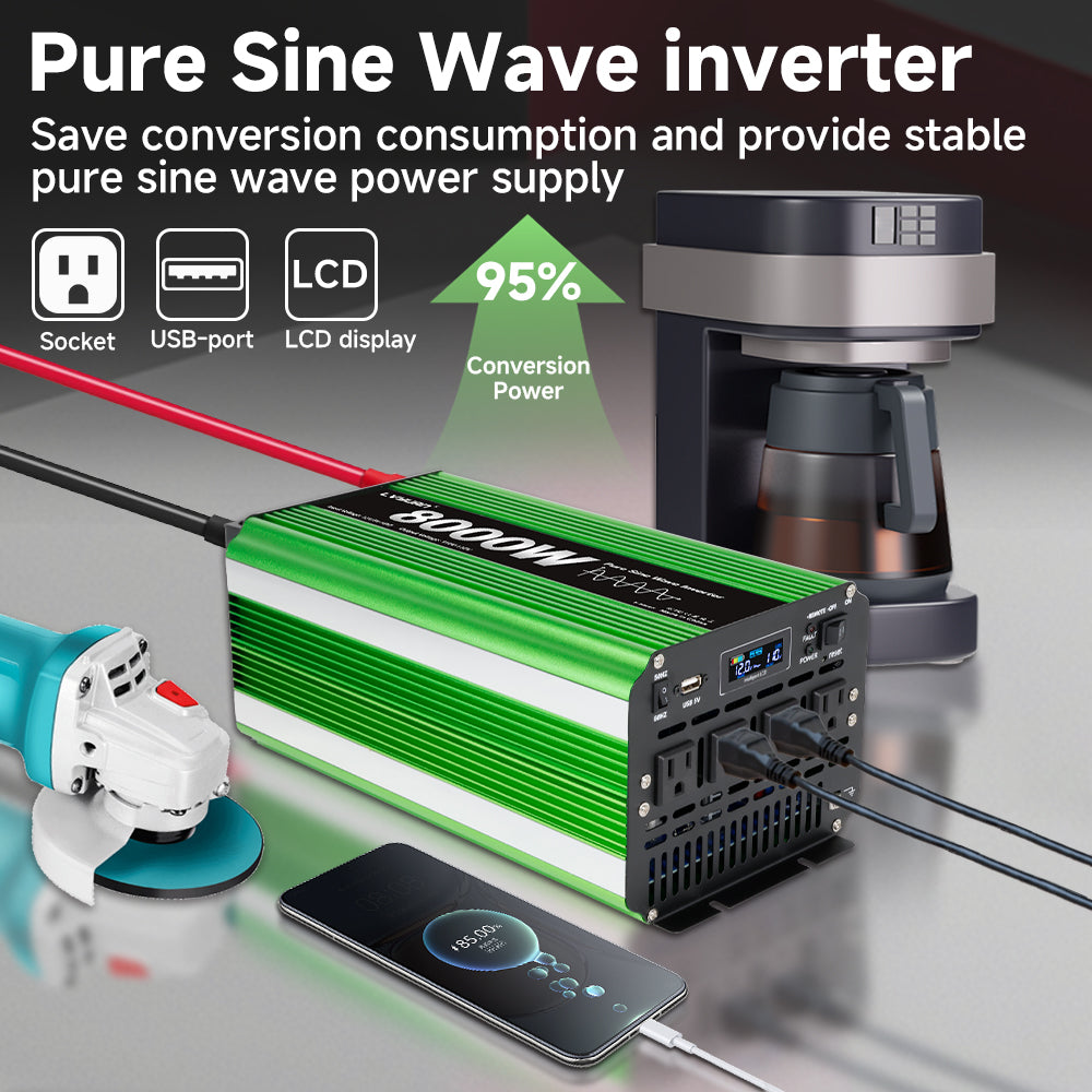 LVYUAN 4000W 8000W Peak Pure Sine Wave Power Inverter 12V DC to 110V AC Converter, 60Hz/50Hz, 4 AC Outlets + USB, LCD Display, Remote Control for Car, RV, Camping & Home Backup Green