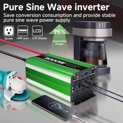 LVYUAN 4000W 8000W Peak Pure Sine Wave Power Inverter 12V DC to 110V AC Converter, 60Hz/50Hz, 4 AC Outlets + USB, LCD Display, Remote Control for Car, RV, Camping & Home Backup Green