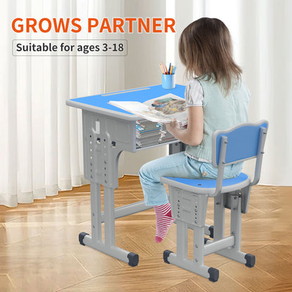 Kids Study Desk and Chair Set, LVYUAN Children School Study Drawing Desk Chair Height Adjustable Kids Table Desk and Chair Set with Storage Drawer, Hook Blue
