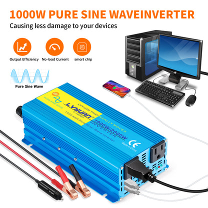 LVYUAN 1000W 2000W Peak Power Inverter DC 24V to AC 110V Pure Sine Wave Car Battery Inverter 2 AC Outlets & 2 USB Charger Adapter for Car, RV, Truck, Camping, Home Backup, Emergency Power