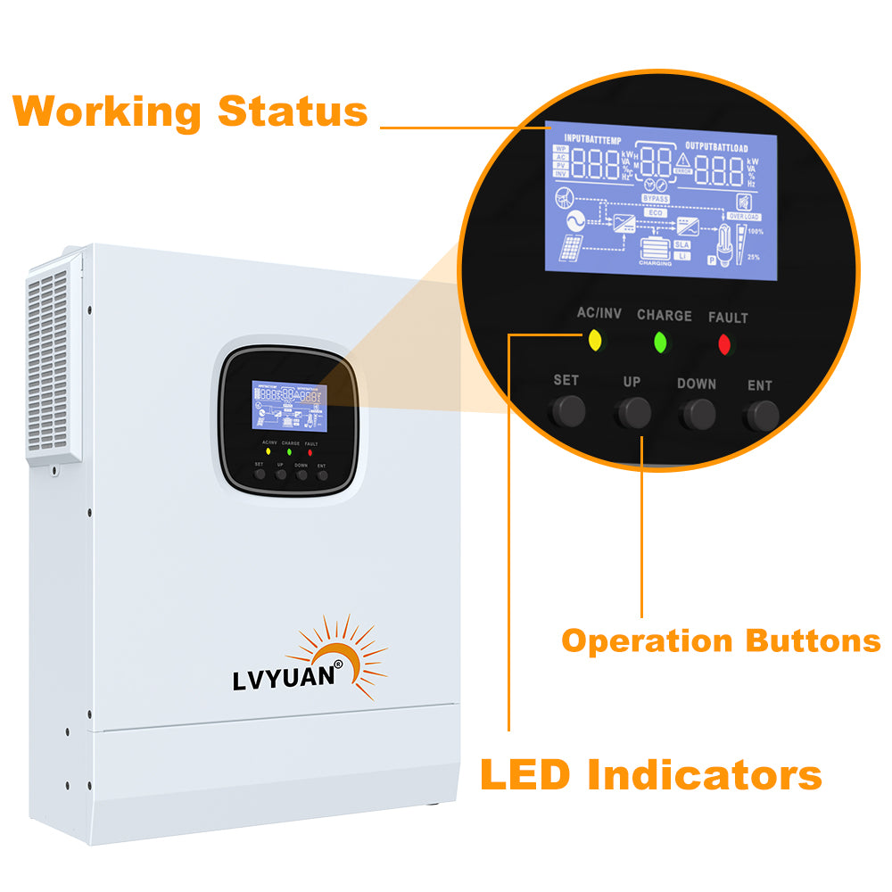 LVYUAN All-in-One-Solar-Hybrid-Ladegerät-Wechselrichter mit integriertem 3000-W-24-V-Rein-Sinus-Wechselrichter und 60-A-MPPT-Solarregler für netzunabhängige Systeme