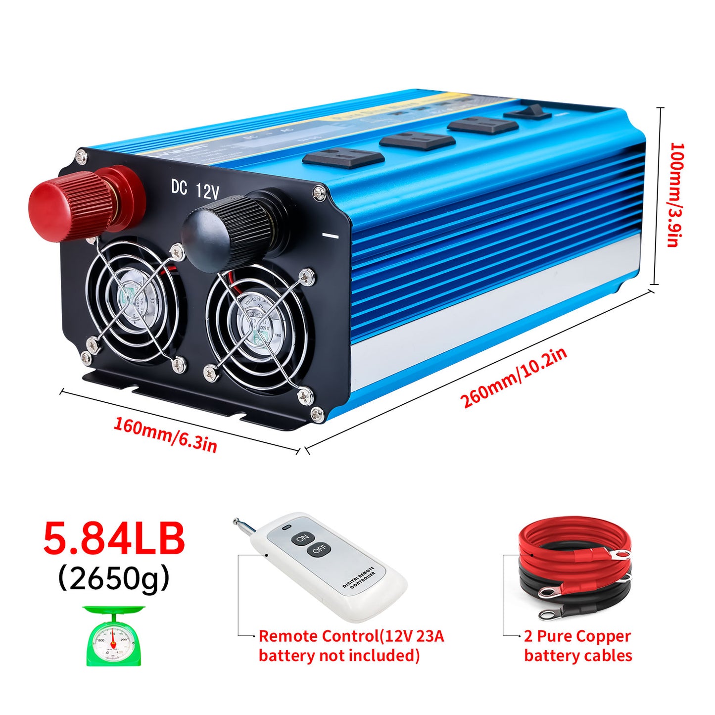 LVYUAN 2000W 4000W Pure Sine Wave Power Inverter DC 12V to AC 110V 120V Car Converter 3 AC Outlets + 4 USB LCD Display with Remote Control for Car, RV, Camping & Home Backup Blue