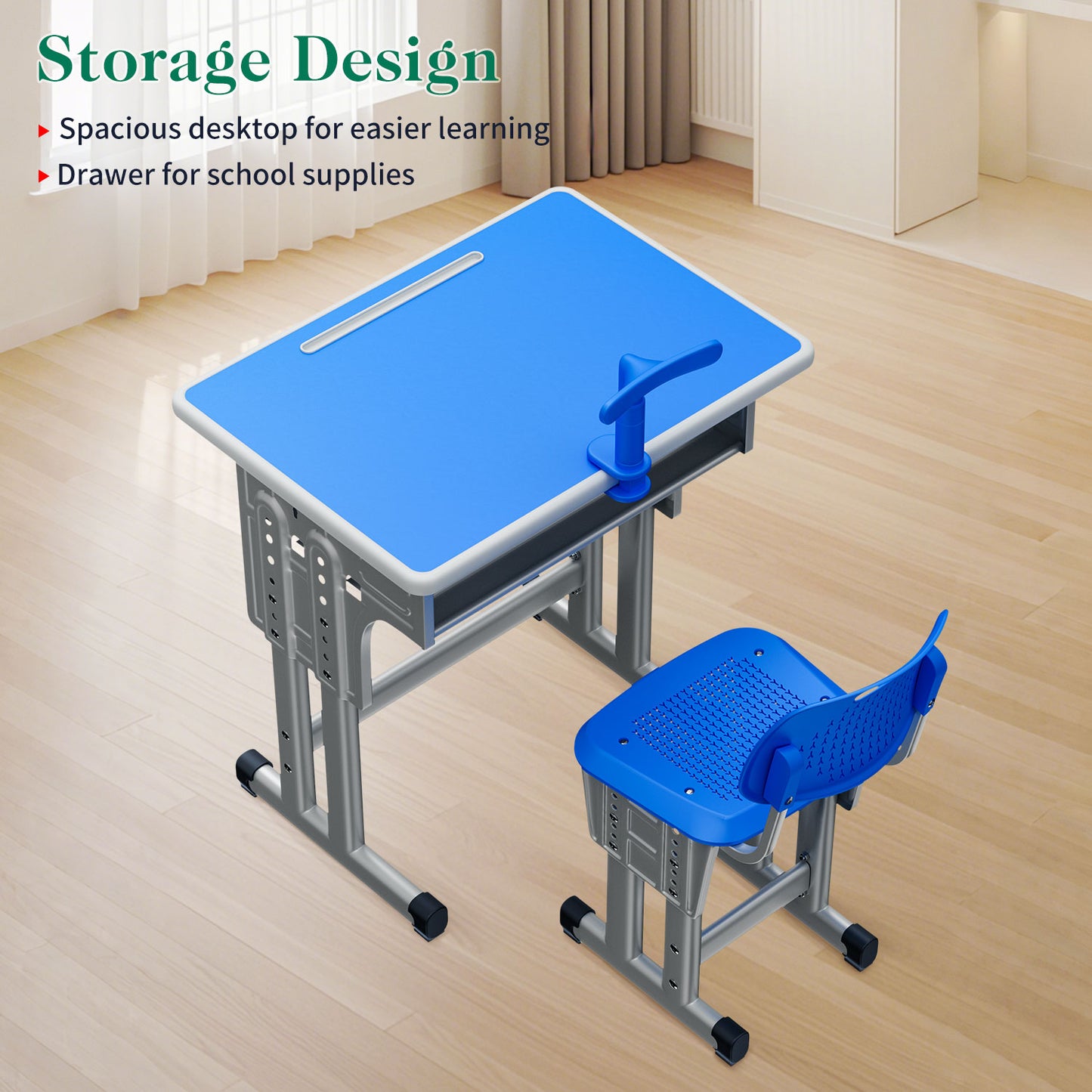 Kids Study Desk and Chair Set, LVYUAN Height Adjustable Children School Study Drawing Desk, Ergonomic Kids Table Desk and Chair Set with Storage Drawer, Hook, Bracket, Pen Slot for Ages 3-18 Blue