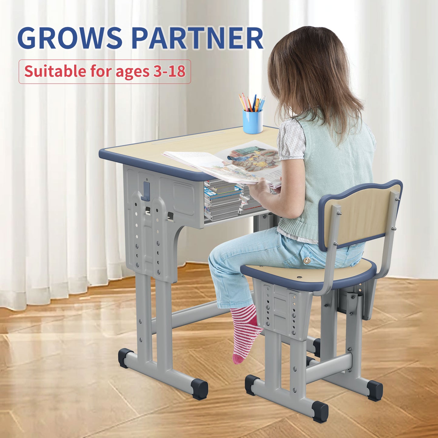 Kids Study Desk and Chair Set, LVYUAN Children School Study Drawing Desk Chair Height Adjustable Kids Table Desk and Chair Set with Storage Drawer, Hook Gray