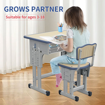 Kids Study Desk and Chair Set, LVYUAN Children School Study Drawing Desk Chair Height Adjustable Kids Table Desk and Chair Set with Storage Drawer, Hook Gray