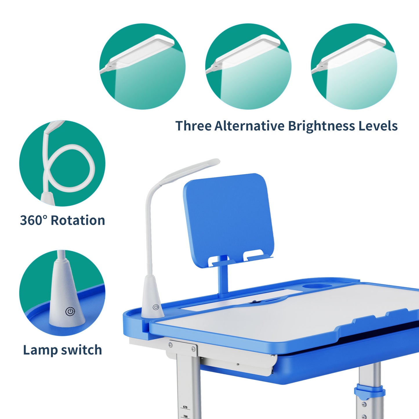 LVYUAN Kids Study Desk and Chair Set Height Adjustable Children School Study Drawing Desk Chair with LED Lamp, Tilt Desktop, Storage Drawer, Book Stand Blue