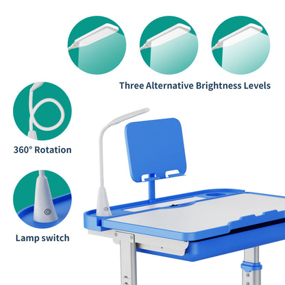 LVYUAN Kids Study Desk and Chair Set Height Adjustable Children School Study Drawing Desk Chair with LED Lamp, Tilt Desktop, Storage Drawer, Book Stand Blue