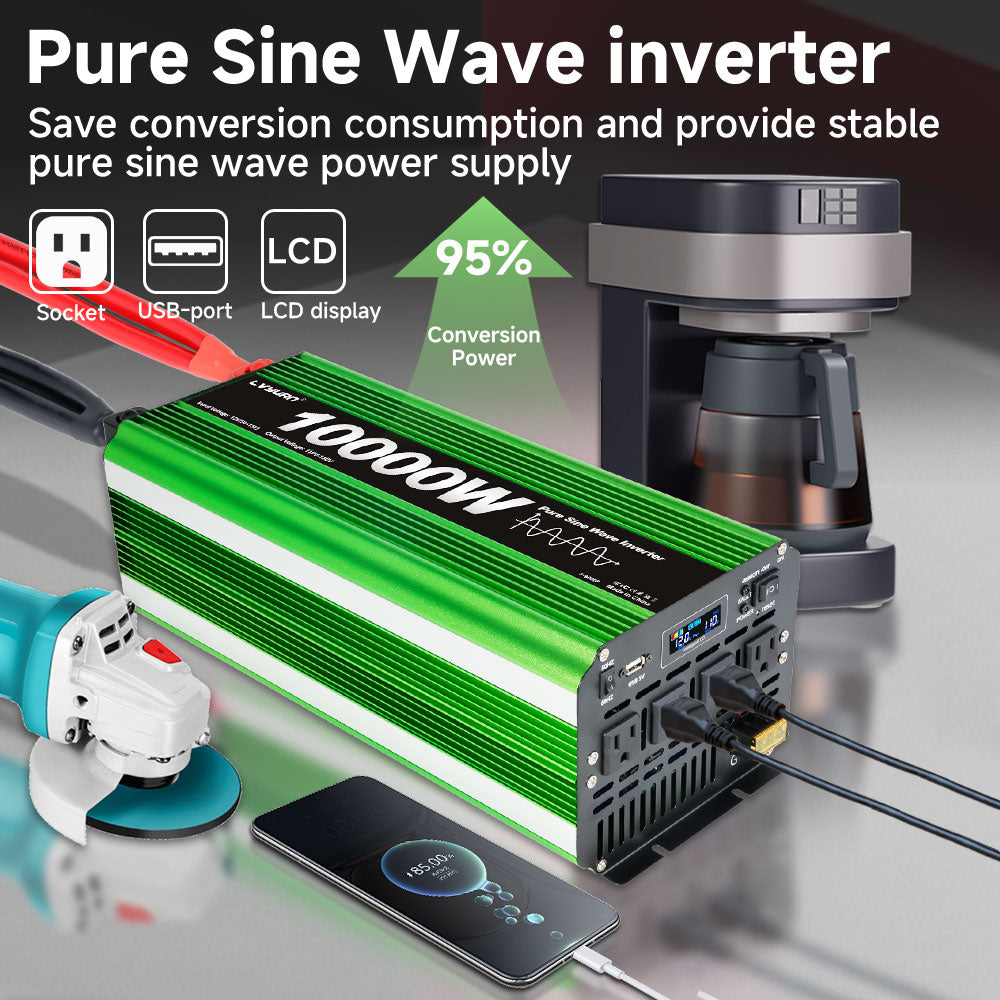 LVYUAN 5000W 10000W Peak Pure Sine Wave Power Inverter 12V DC to 110V AC Converter, 60Hz/50Hz, 4 AC Outlets + USB, LCD Display, Remote Control for Car, RV, Camping & Home Backup Green