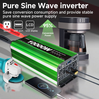 LVYUAN 5000W 10000W Peak Pure Sine Wave Power Inverter 12V DC to 110V AC Converter, 60Hz/50Hz, 4 AC Outlets + USB, LCD Display, Remote Control for Car, RV, Camping & Home Backup Green