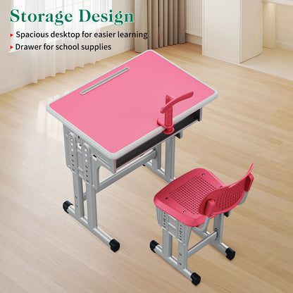 Kids Study Desk and Chair Set, LVYUAN Height Adjustable Children School Study Drawing Desk, Ergonomic Kids Table Desk and Chair Set with Storage Drawer, Hook, Bracket, Pen Slot for Ages 3-18 Pink